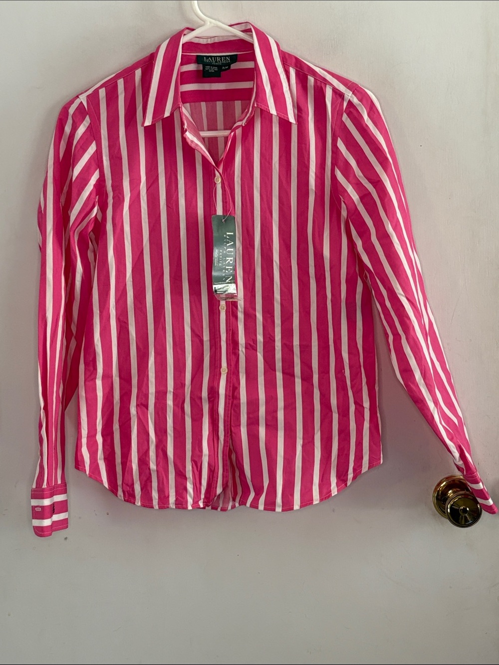 Lauren Ralph Lauren pink white striped long sleeve button down shirt Sz M petite